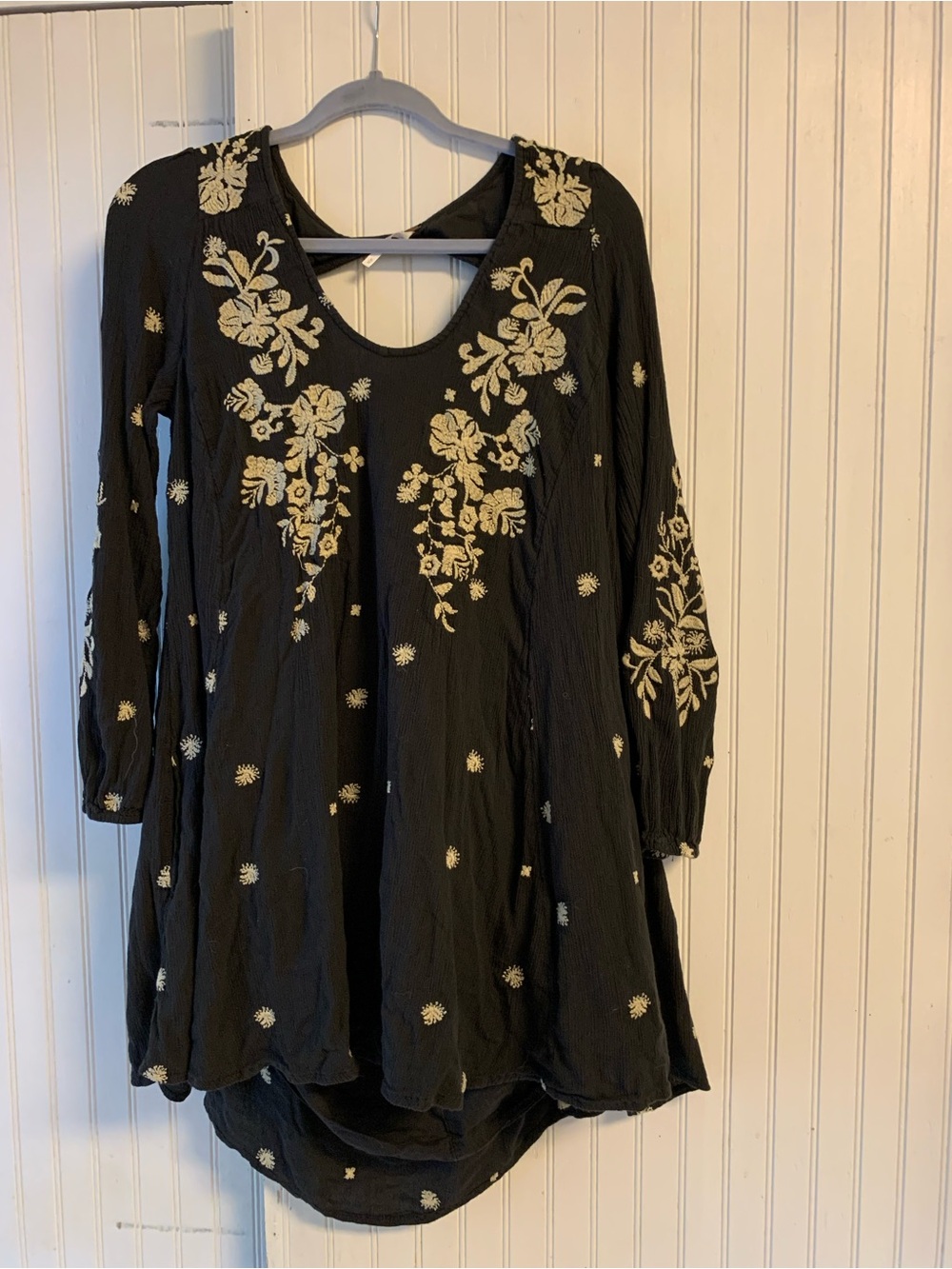 Free People Black Mini Dress with Cream Floral Embroidery